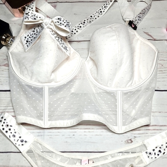 Victoria's Secret Other - SET VICTORIA Secret White Sheer Bling Bow Lace Dots Dream Angels Corset 36 DD